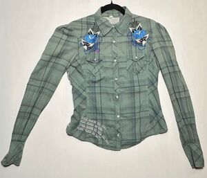3J Workshop Johnny Was Embroidered Plaid Snap Shirt Green M Y2K Rock N Roll